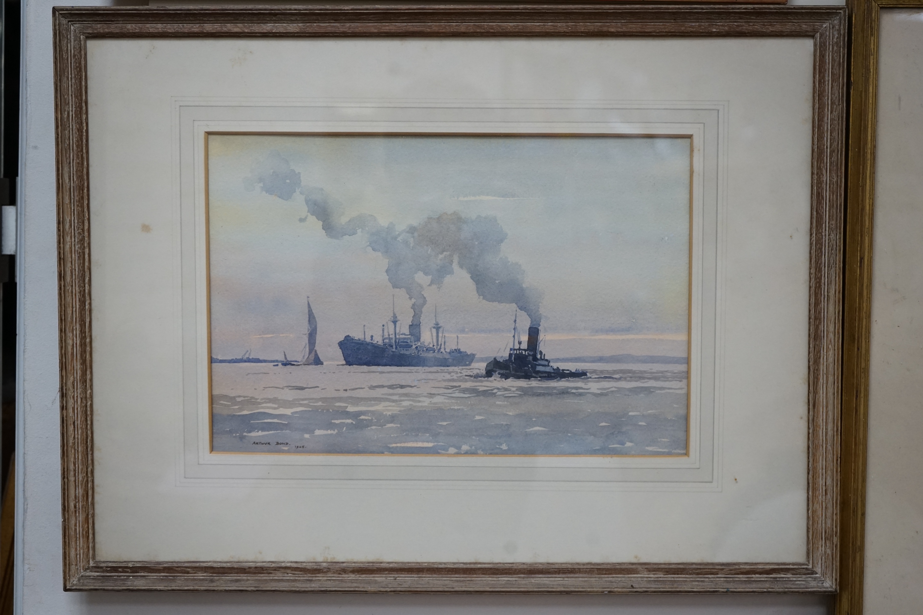 Arthur Bond (1888-1958), watercolour, Tug and steamer, signed and dated 1948, 24 x 35cm. Condition - fair to good